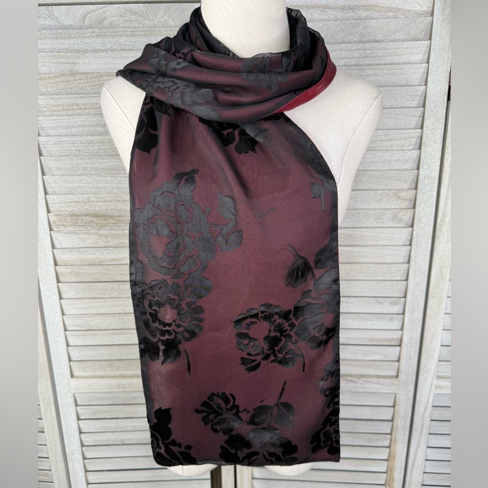 BETMAR Women's Satin Burn Out Rose Pattern Scarf Burgundy/Black